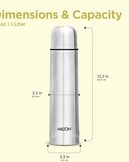Milton Flip Lid 1000 Thermosteel 1000 Ml Water Bottle, 24 Hr Hot And Cold I Leak Proof Lid With Jacket, Isi Certified I Vacuum Insulated I For Office, Gym, School I Silver