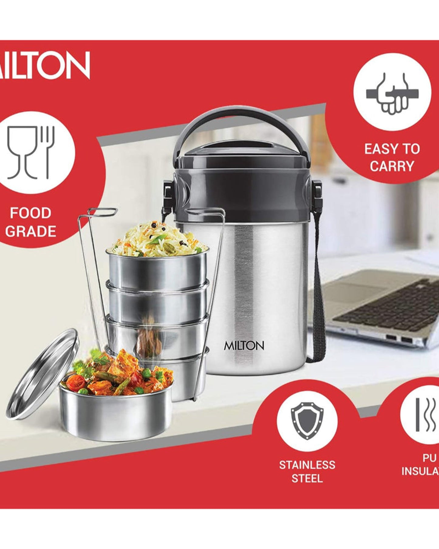 Milton Steel On 5 Tier Insulated Stainless Steel Tiffin 5 Stackable Compartment Lunch Box 360Ml Each With Handle, Silver