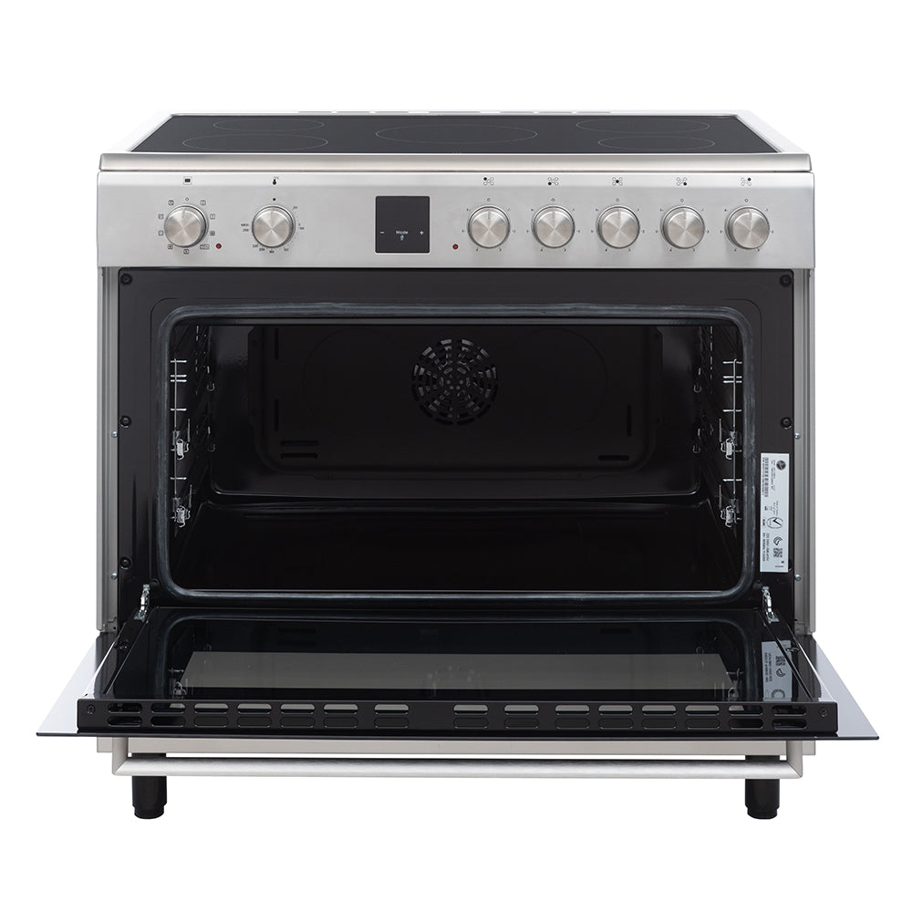 Hoover 90x60 CM Ceramic Cooker, 5 Cooking Zones, Fully Electric 90CM Cooking Range, Auto Ignition,Electric Multifunction Oven & Grill Cooling Fan, Steel Finish, Made in Turkey
