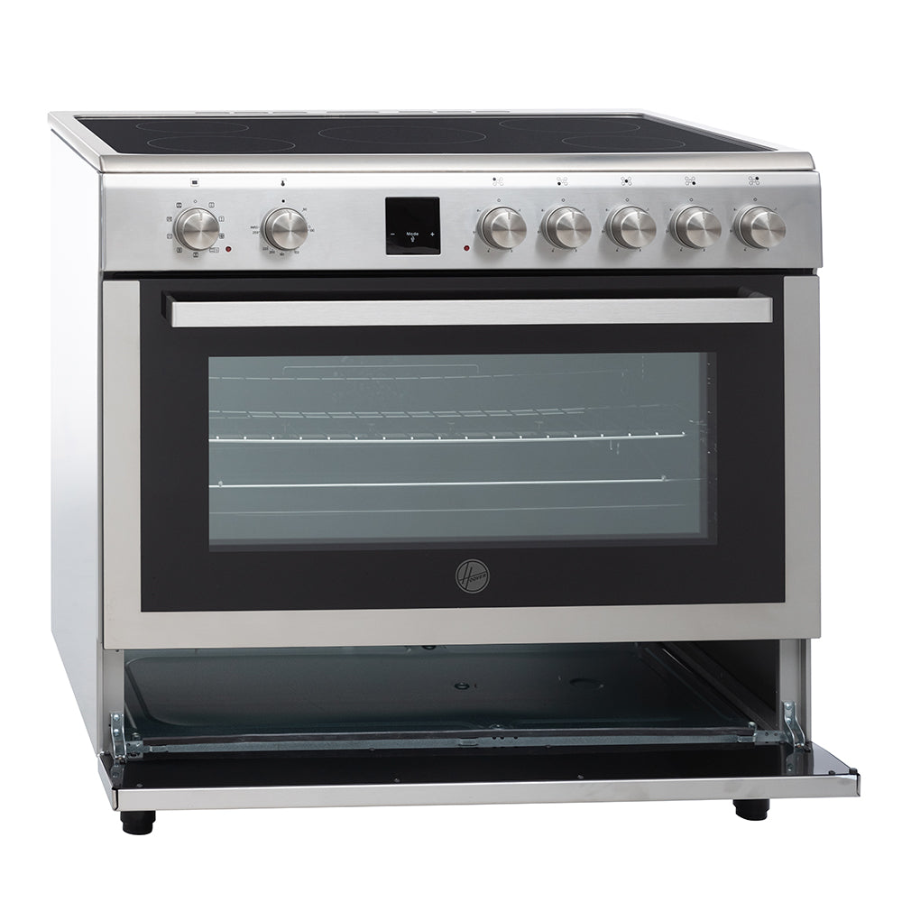 Hoover 90x60 CM Ceramic Cooker, 5 Cooking Zones, Fully Electric 90CM Cooking Range, Auto Ignition,Electric Multifunction Oven & Grill Cooling Fan, Steel Finish, Made in Turkey