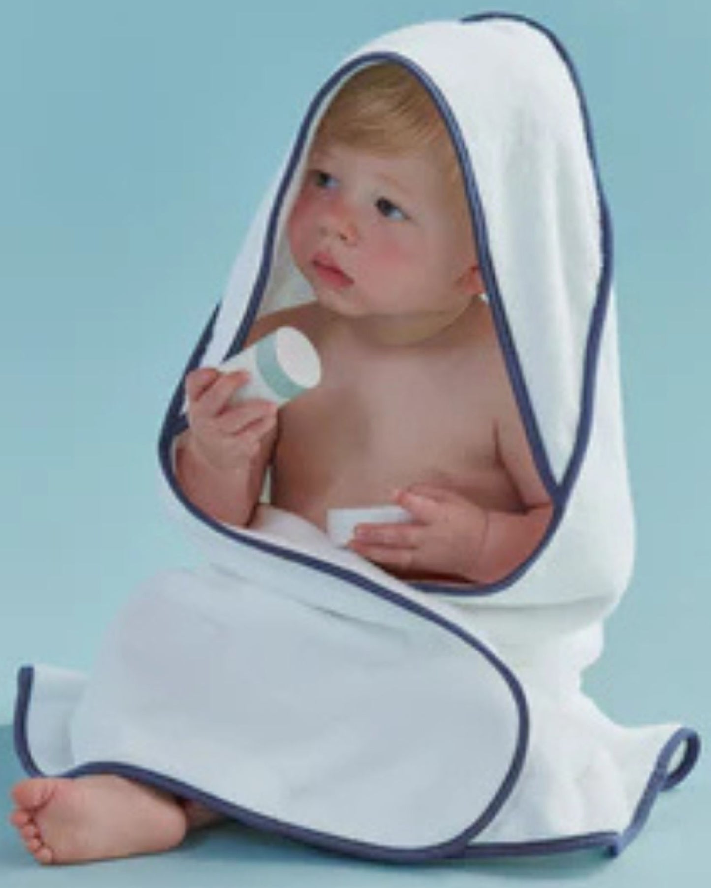 Christy "Mini Hooded" Bath Towel in White with Denim Blue Trim