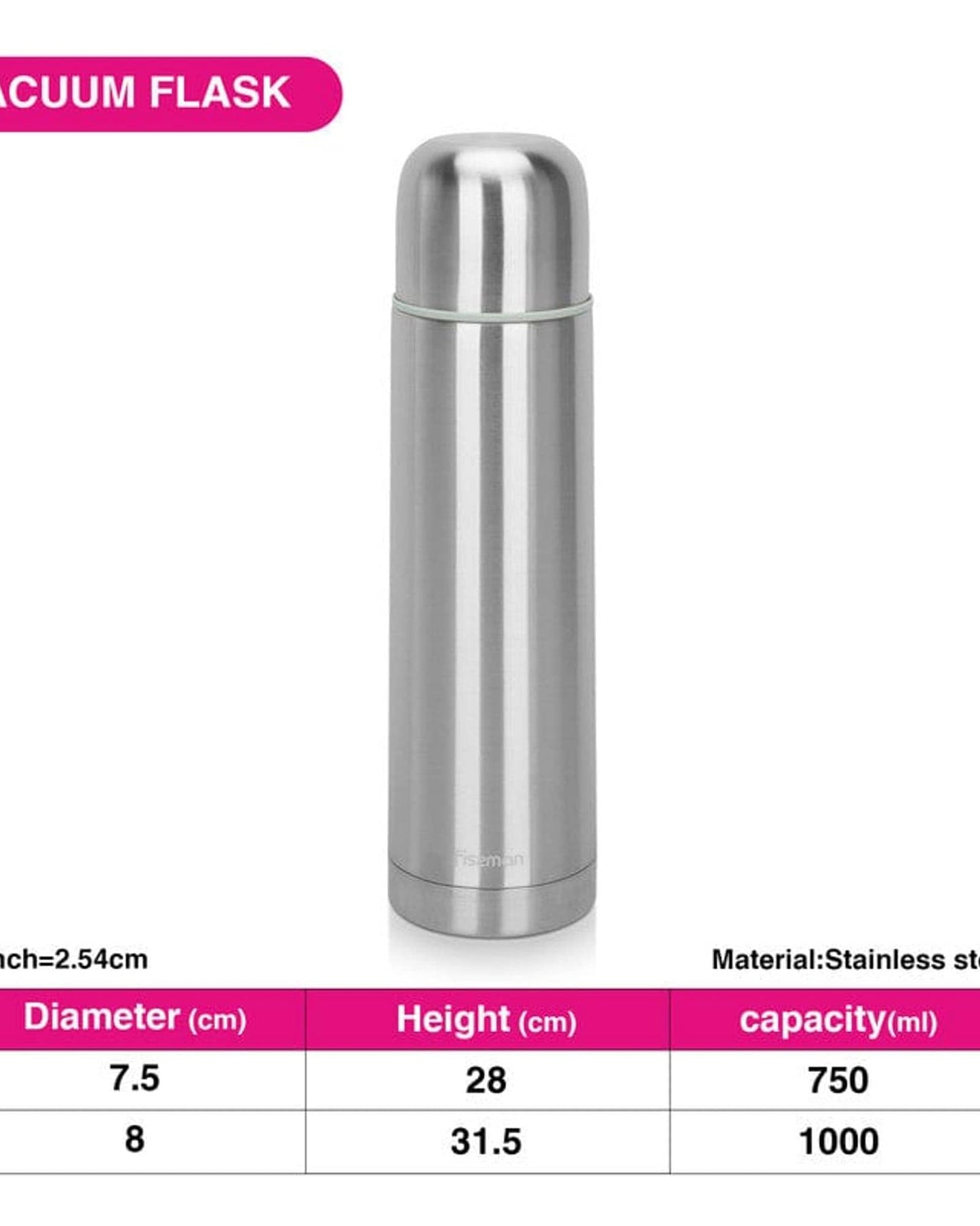 Fissman Double Wall Vacuum Flask 750 Ml Stainless Steel