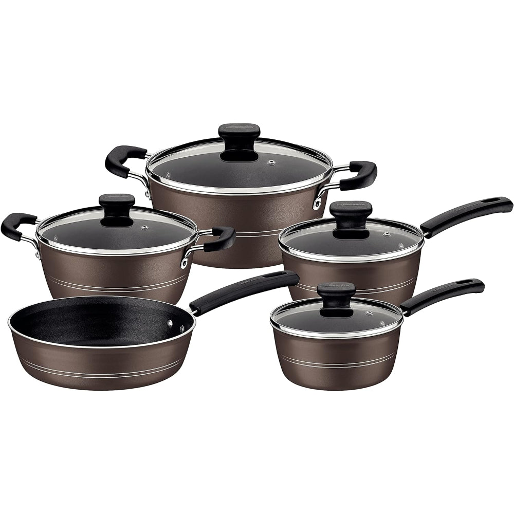 Tramontina Brazil Sicilia 9 Pieces Hazelnut Aluminum Cookware Set with Interior and Exterior Starflon Excellent PFOA Free Nonstick Coating