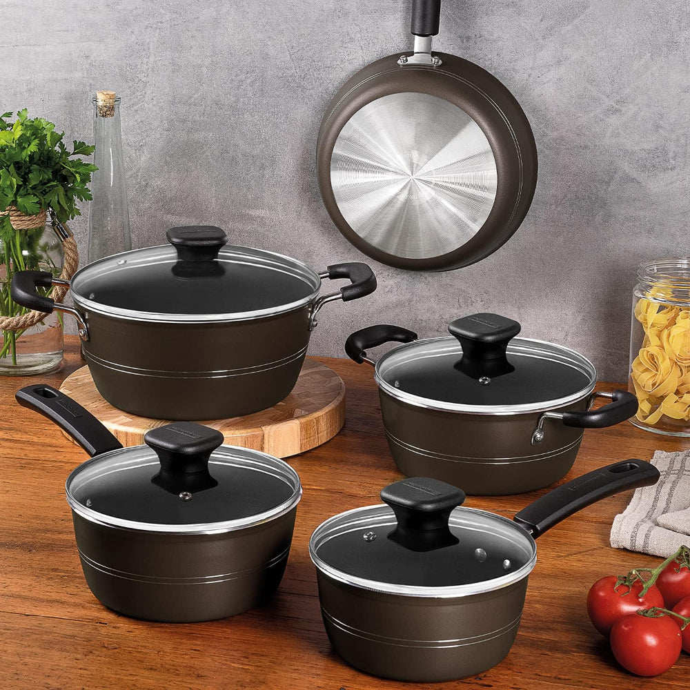 Tramontina Brazil Sicilia 9 Pieces Hazelnut Aluminum Cookware Set with Interior and Exterior Starflon Excellent PFOA Free Nonstick Coating