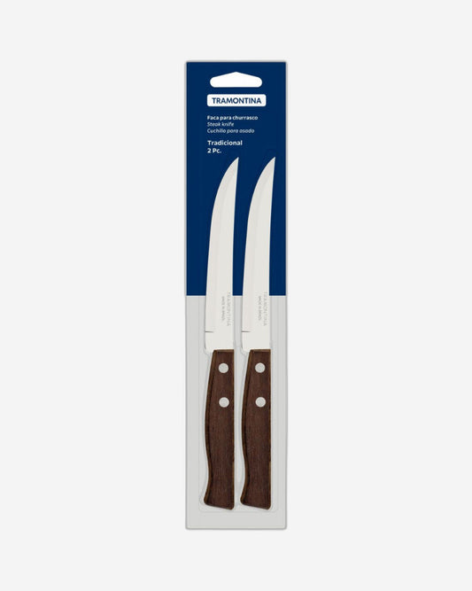 Tramontina 2-Piece Set of Steak Knives Stainless-Steel Blades and Natural Wood Handles