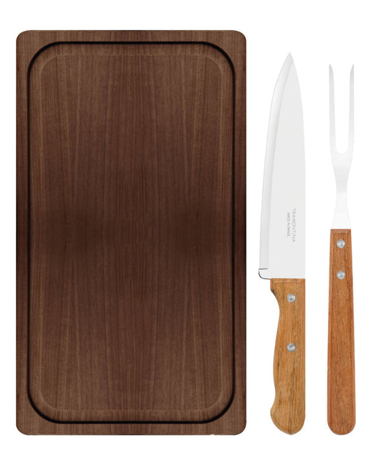 Tramontina 3-Piece Barbecue Kit with Stainless-Steel Blades and Natural Wood Handles