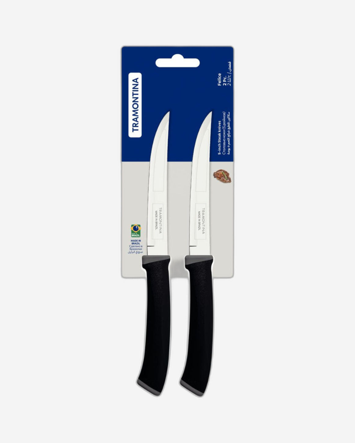 Tramontina Felice 2-Piece Steak Knife Set with Stainless-Steel Blades, Plain Edges and Black Polypropylene Handles