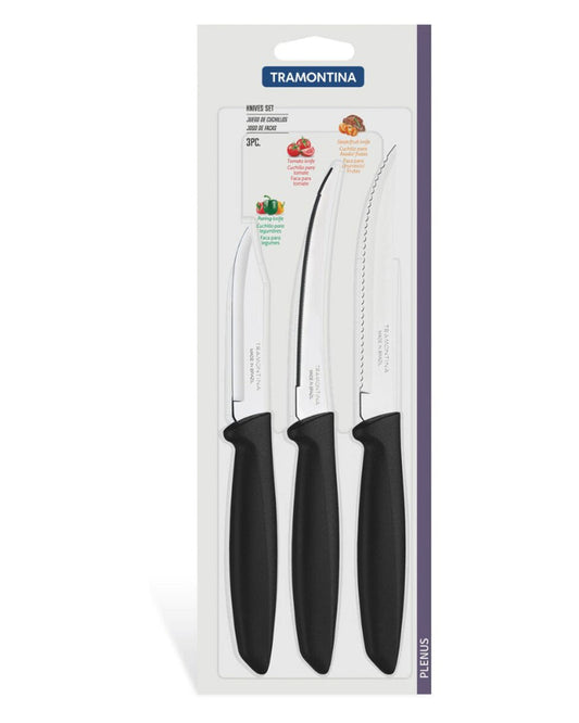 Tramontina Plenus 3-Piece Knife Set with Stainless-Steel Blades and Black Polypropylene Handles