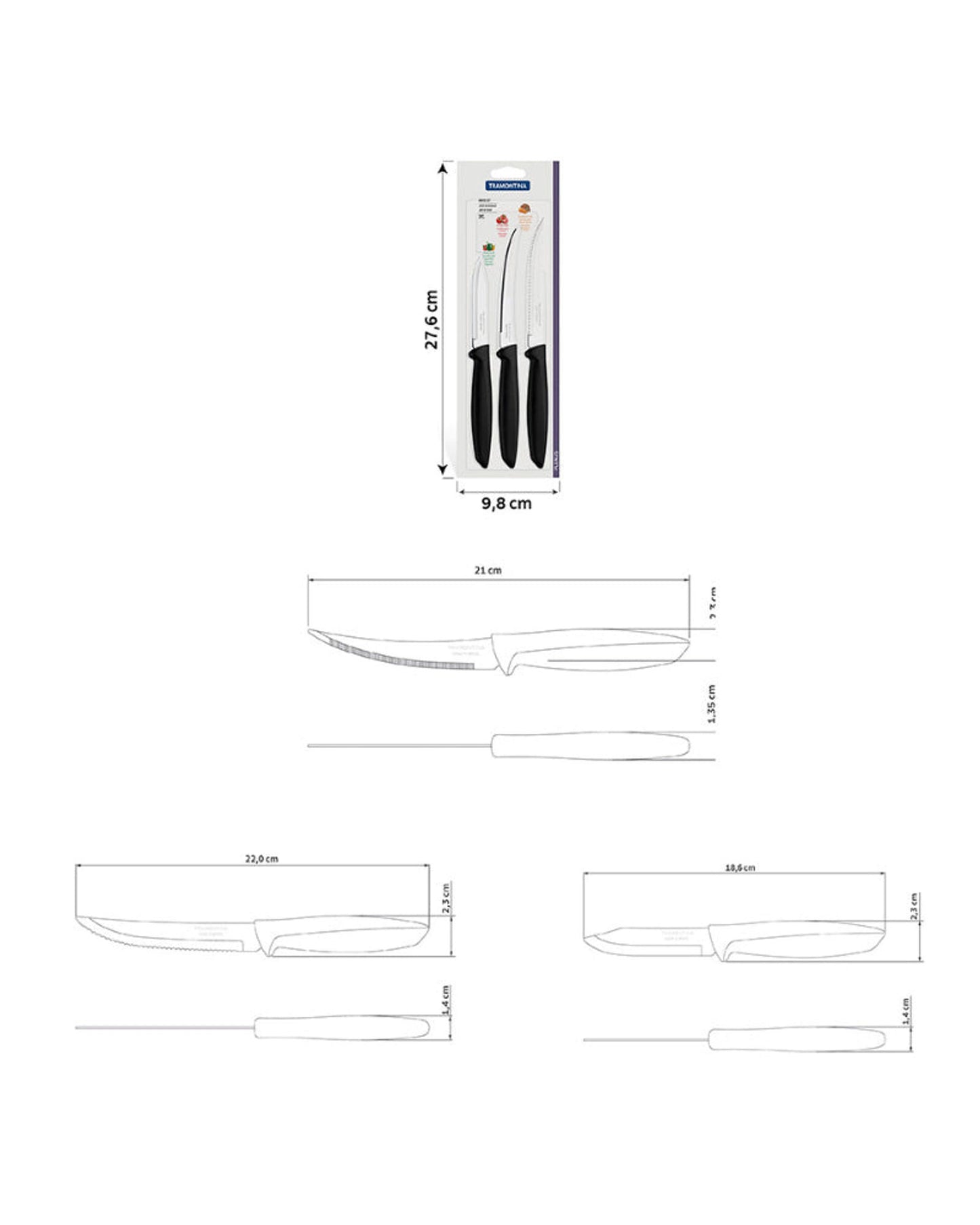 Tramontina Plenus 3-Piece Knife Set with Stainless-Steel Blades and Black Polypropylene Handles
