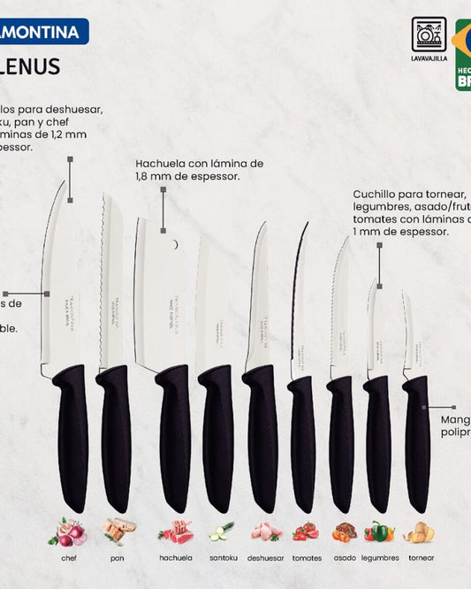 Tramontina Plenus 9-Piece Knife Set with Stainless Steel Blades and Black Polypropylene Handles