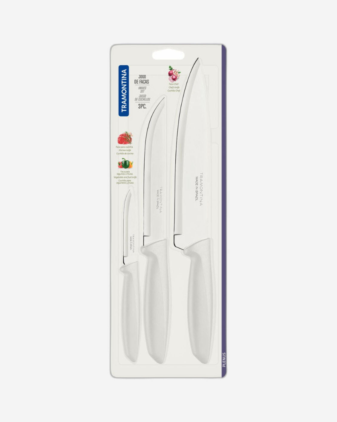 Tramontina Plenus 3-Piece Knife Set with Stainless-Steel Blade and White Polypropylene Handles