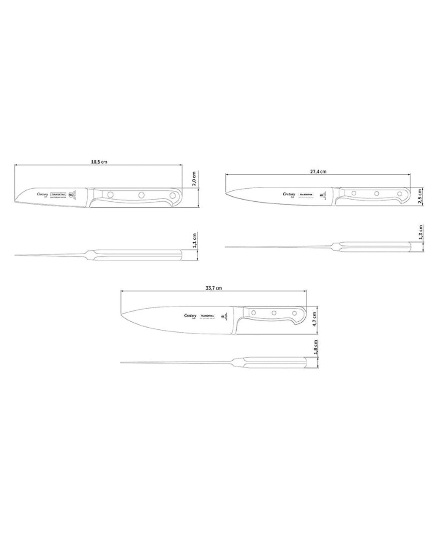 Tramontina Century 3-Piece Knife Set with Stainless-Steel Blade and Black Polycarboneto Handles