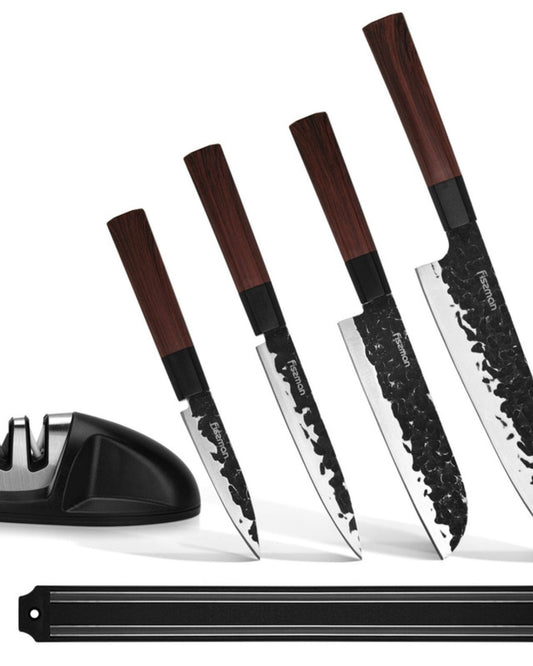 Fissman 6 Piece Knife Set Kendo Series X30Cr13 Steel, 8" Chef Knife, 5"5 Utility, 3.5" Pairing Knife, Magnet Bar, And Sharpener