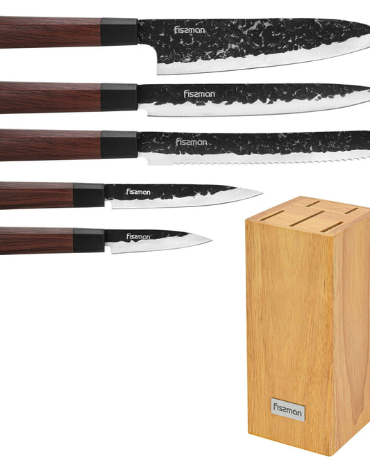 Fissman 6 Piece Knife Set Solveig with Wooden Block 420J2 Steel, Chef Knife 20cm, Slicing Knife 20cm, Bread Knife 20cm, Utility Knife 13cm, Pairing Knife 9cm