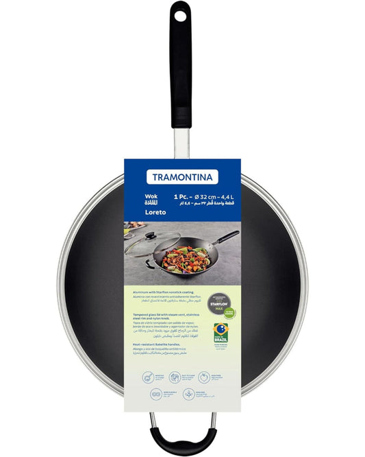 Tramontina Brazil Loreto 32cm 4.4L Graphite Aluminum Wok Pan with Interior Starflon Max Nonstick Coating