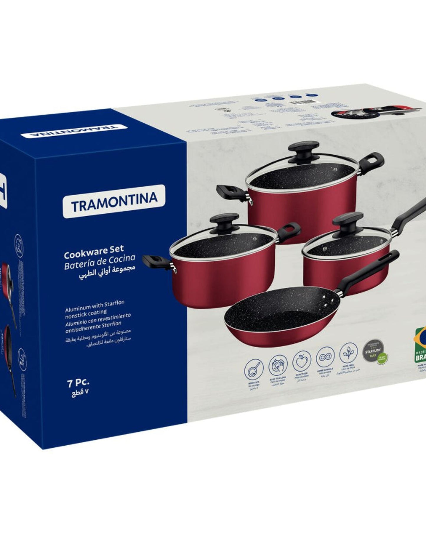 Tramontina Aluminum Cookware Set with Interior and Exterior Starflon Max Nonstick Coating Red 7 Pieces