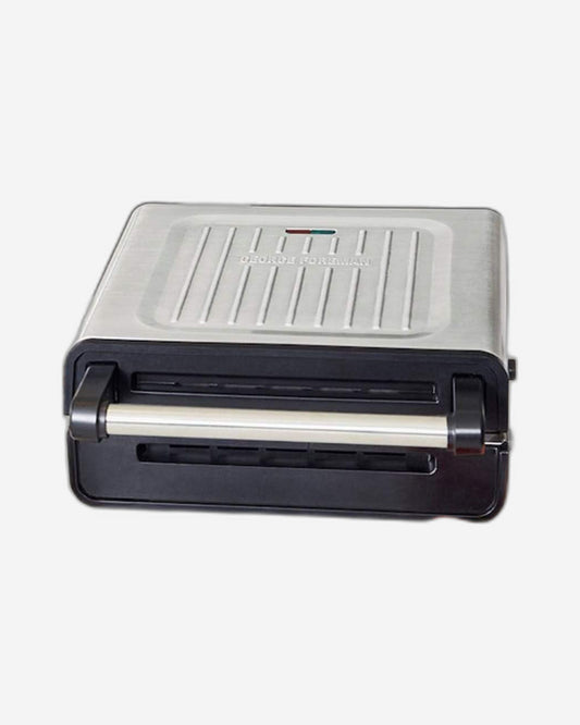 George Foreman Smokeless Non-Stick Electric Grill, Indoor BBQ and Griddle Hot Plate with Built-in Drip Tray (28000), Stainless Steel (Silver) - 1-Year Warranty