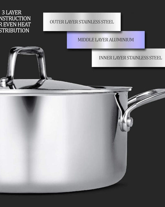 Milton Pro Cook Triply Stainless-Steel Casserole Handi/Stock Pot/Biryani Pot with Lid 24 cm, 5.2 Litres