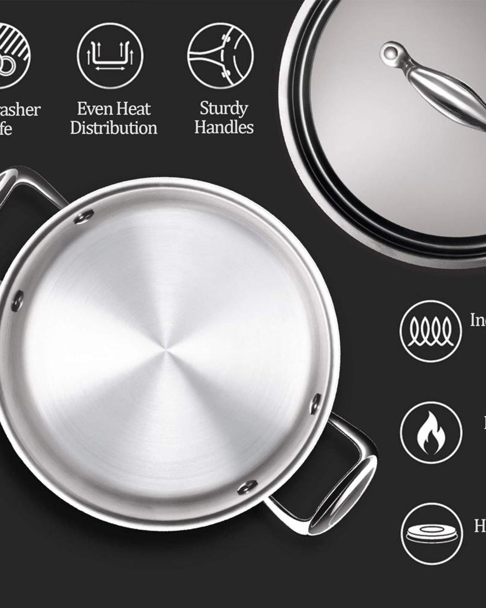 Milton Pro Cook Triply Stainless-Steel Casserole Handi/Stock Pot/Biryani Pot with Lid 28 cm, 8.3 Litres
