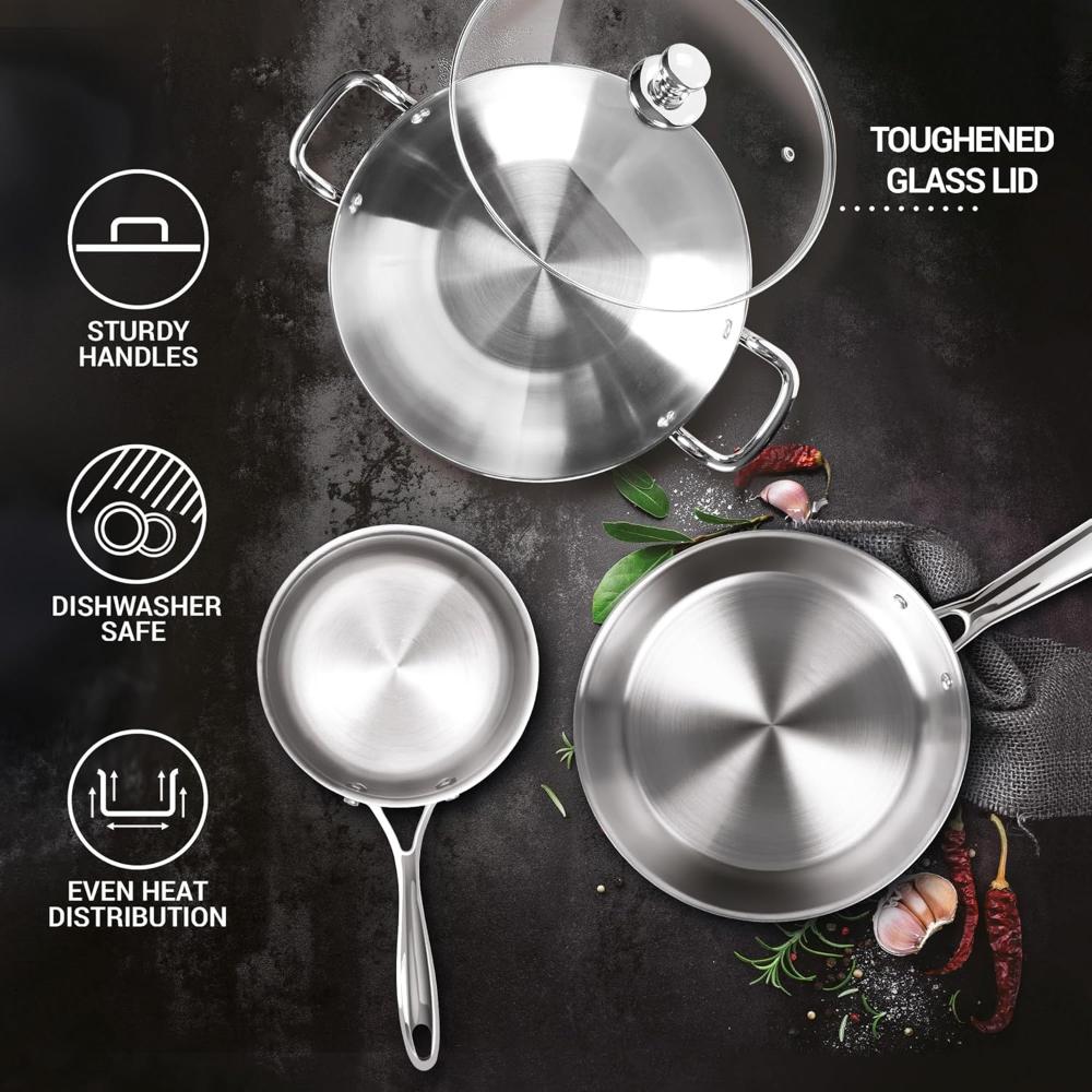 MILTON Pro cook Procook Triply Induction Base Cookware Set of 3 Stainless Steel |Sauce Pan 14 cm, Fry Pan 24 cm, Kadhai 24 cm with Glass Lid 24 cm, Silver