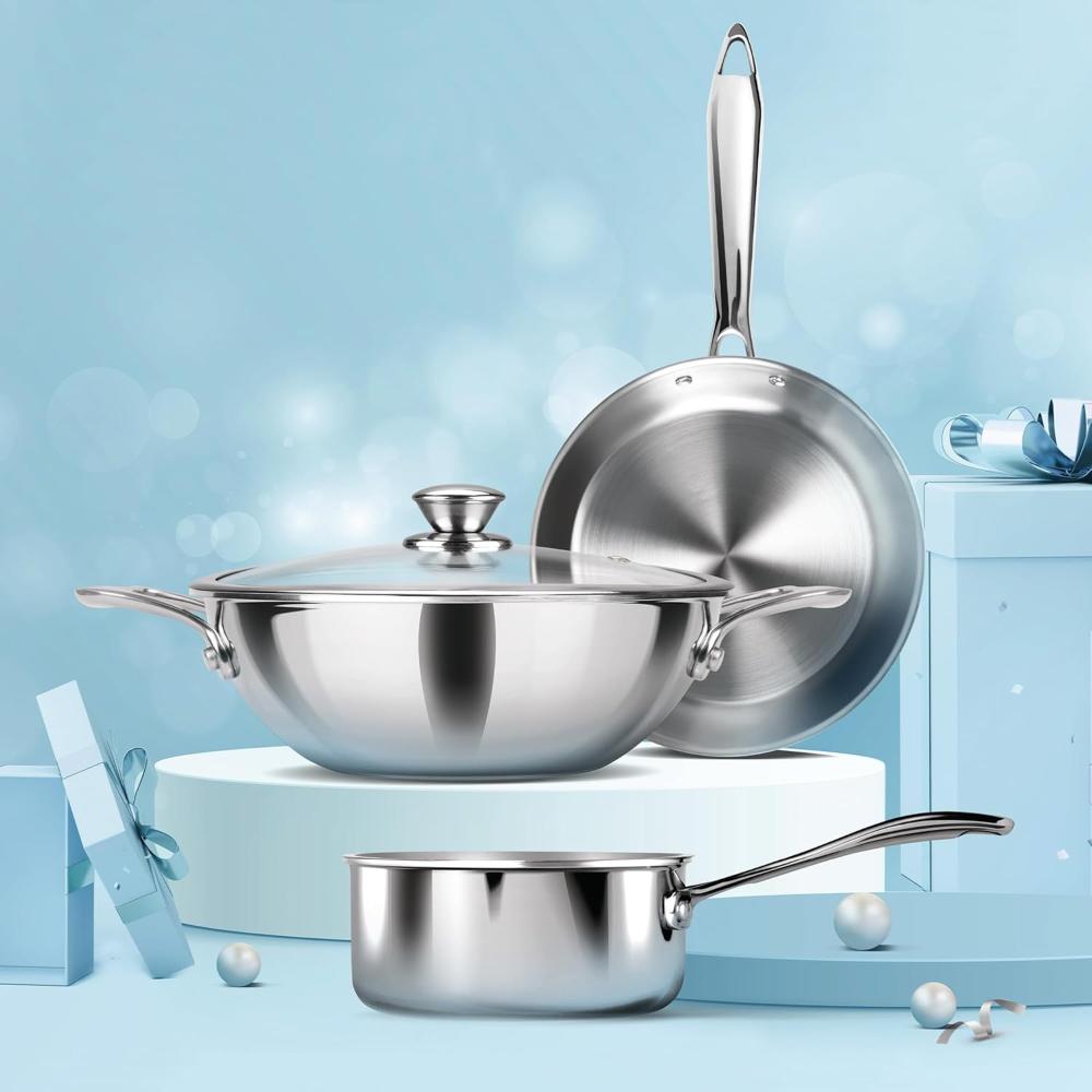 MILTON Pro cook Procook Triply Induction Base Cookware Set of 3 Stainless Steel |Sauce Pan 14 cm, Fry Pan 24 cm, Kadhai 24 cm with Glass Lid 24 cm, Silver