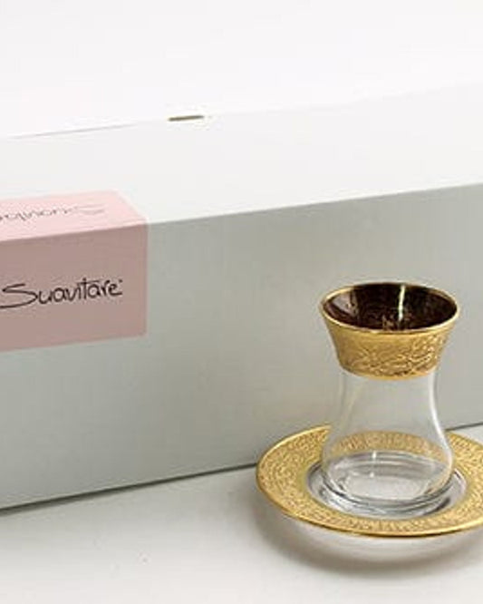 Dimlaj Gold Set of 6 Pcs Tea Istikanas and Saucers (Gold)