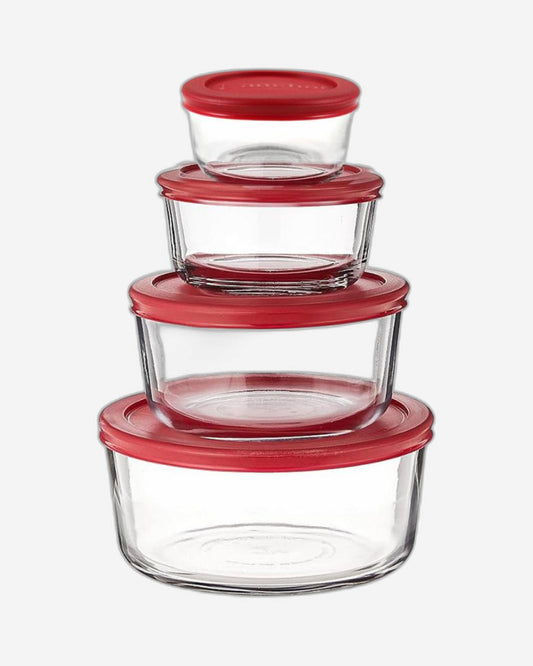 Anchor Hocking Glass Food Storage Containers with Navy Blue / Red Lids, 8 Piece Set, 13349, (236ml/472ml/972ml/1.7l)