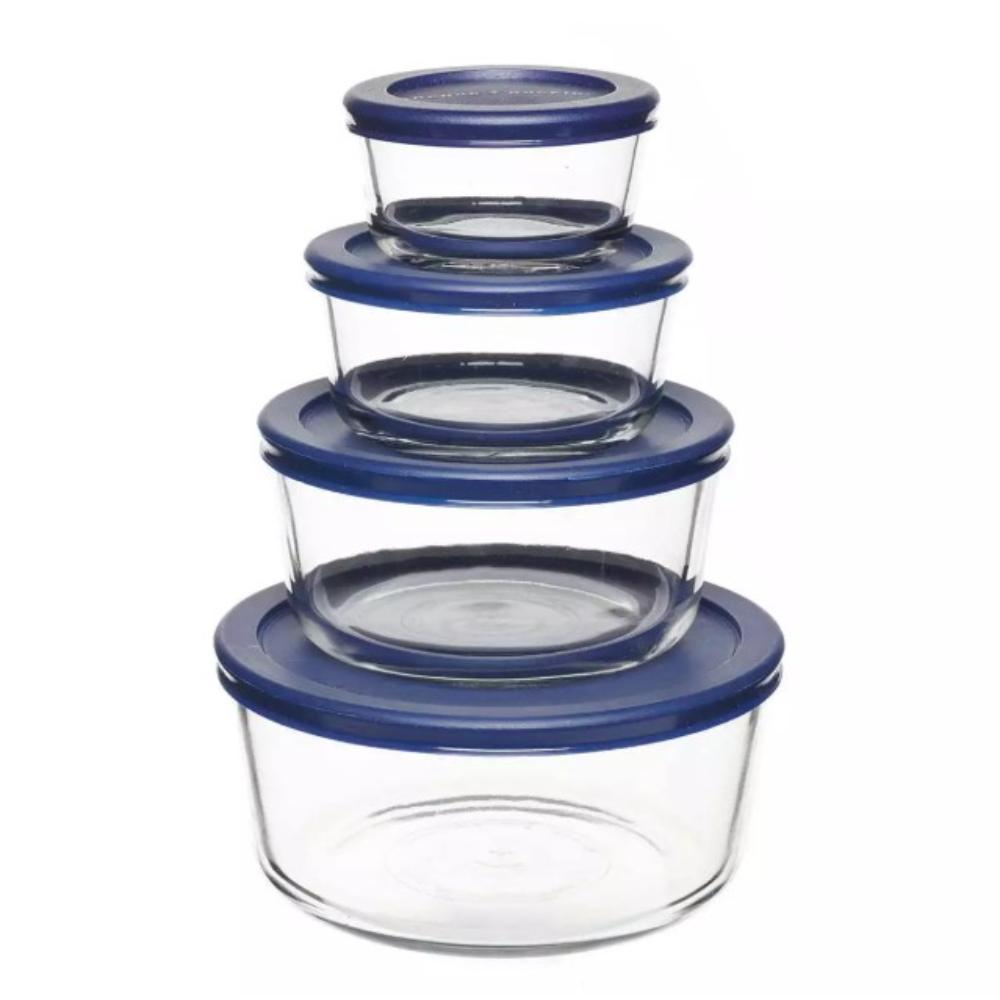 Anchor Hocking Glass Food Storage Containers with Navy Blue / Red Lids, 8 Piece Set, 13349, (236ml/472ml/972ml/1.7l)