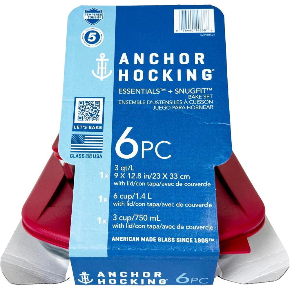 Anchor Hocking, 6PC Essential Set - 3 QTR Bakedish With Lid, 1.4L & 0.75L Food Storage Containers With Lid (14868L24)