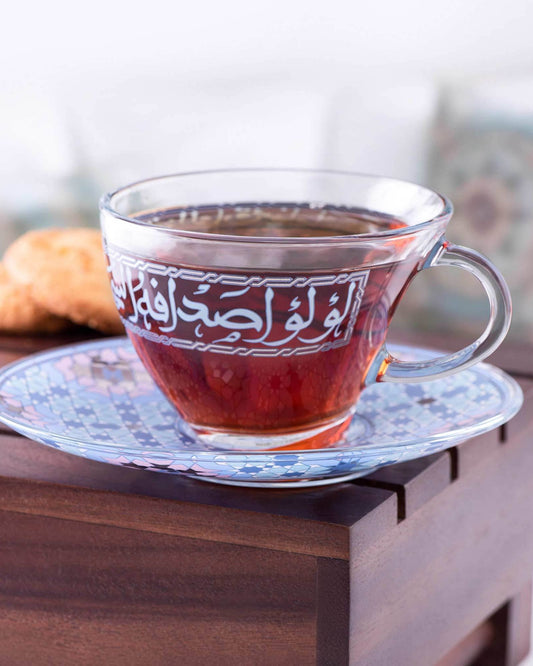 Dimlaj Melange Set of 6 Pcs Tea Cups and Saucers (Platinum & Blue)