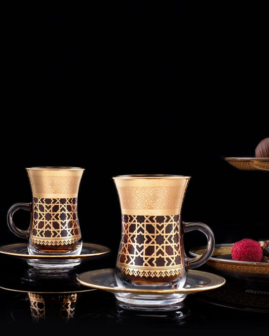 Dimlaj Cordoba Set of 6 Pcs Tea Istikanas and Saucers (Gold)