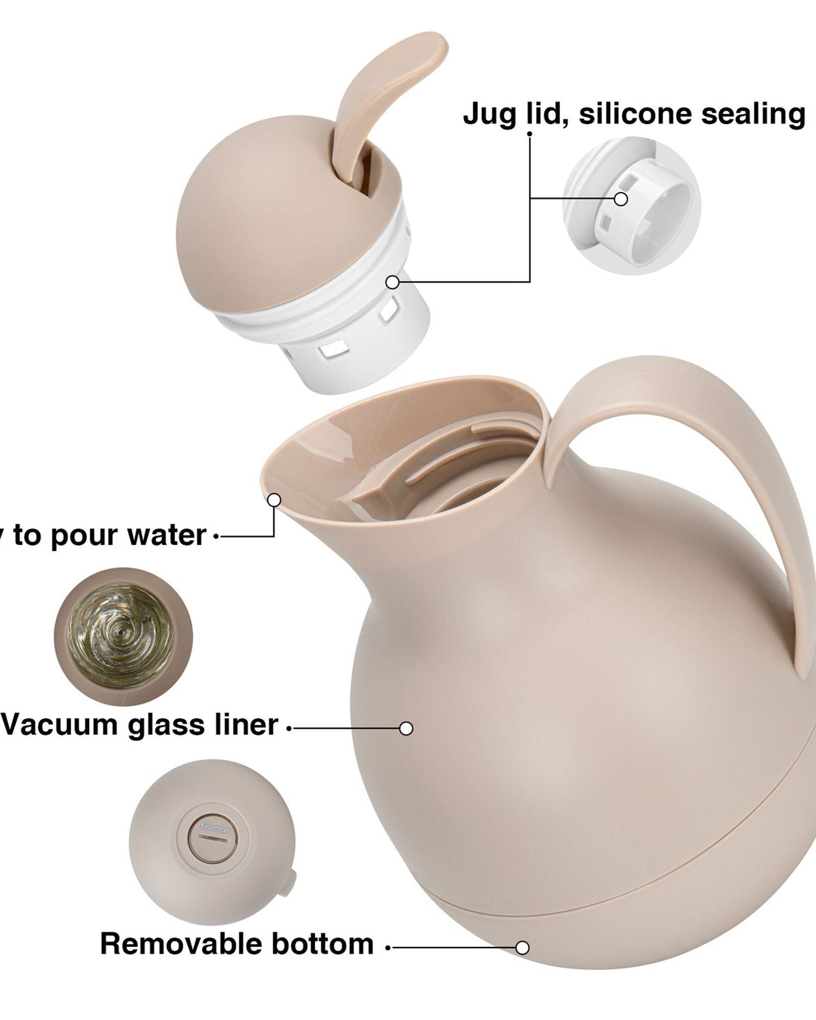 Fissman Vacuum Insulated Flask 1000 Ml Mocha Cream With White Glass Asbestos Free