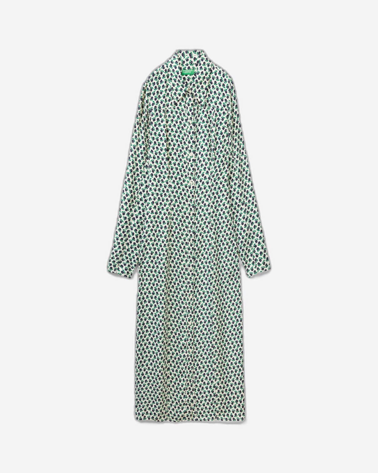 100% Viscose Floral Patterned Shirt Collar Long Sleeve Dress
