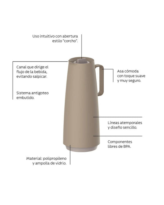 Tramontina Exata Beige Plastic Thermal Flask with Glass Liner, 1 L