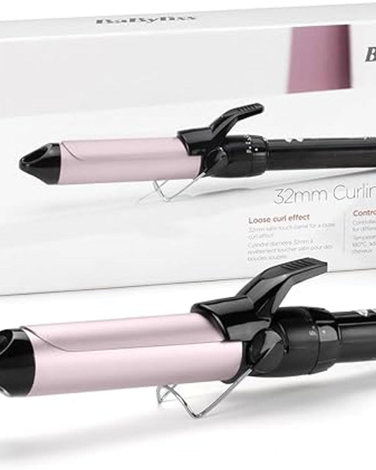 BaByliss Hair Curler 32mm Barrel for Wide Silky Curls Satin Touch Coating 10 Temperature Settings (110–180°C) Ionic Technology for Smooth and Shiny Hair - C332SDE