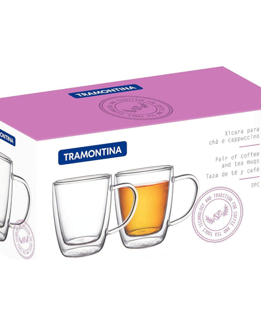 Tramontina Brazil 2 Pieces 270ml Double Walled Glass Coffee and Tea Cup Set with Handles