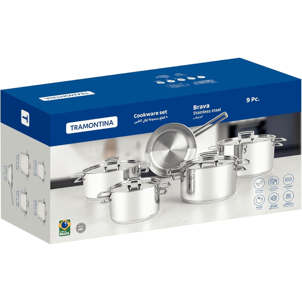Tramontina Brazil Brava 9 Pieces Stainless Steel Cookware Set with Flat Lid and Tri-ply Base