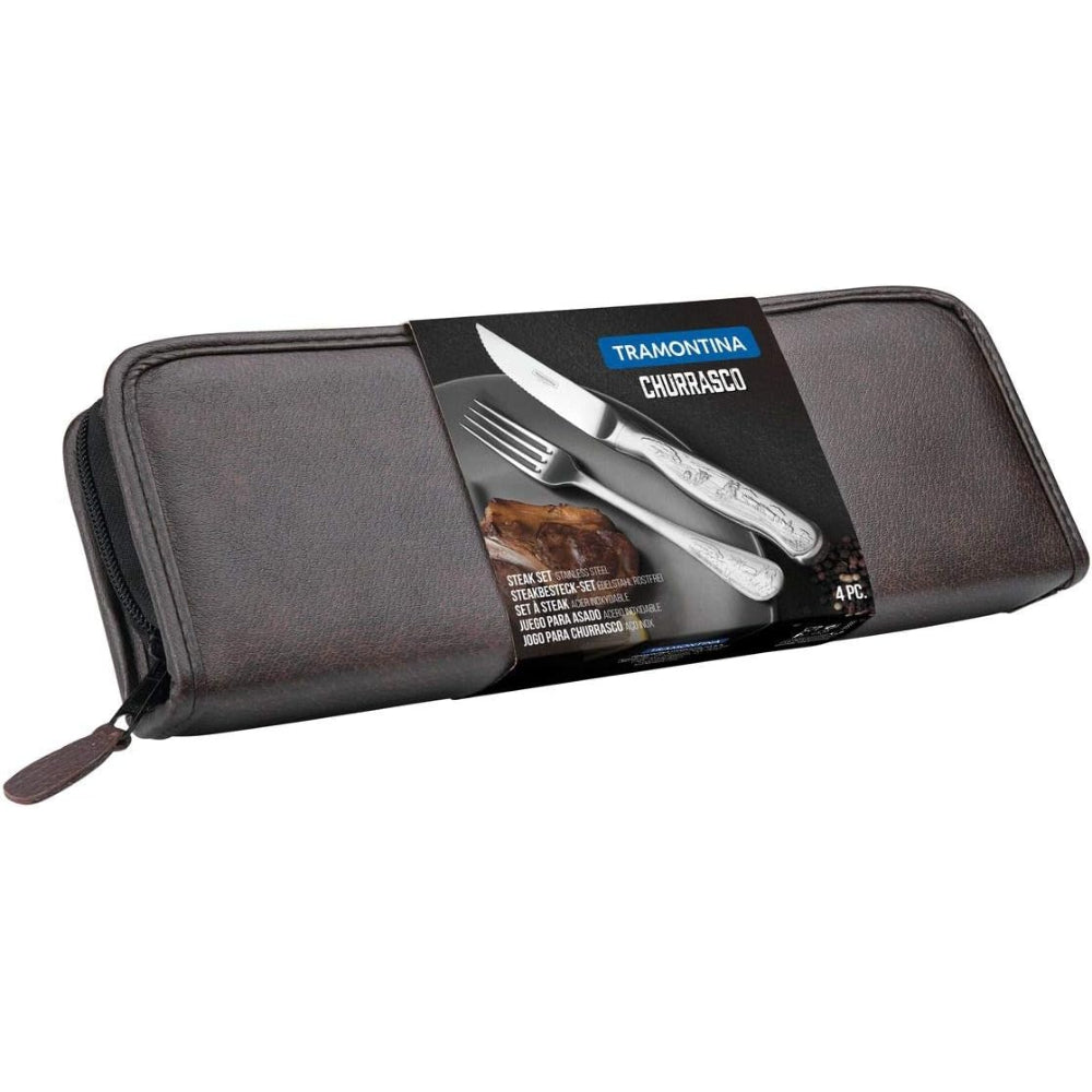Tramontina Brazil Classic 4 Pieces Stainless Steel Barbecue Flatware Set with Polished Finish, Relief Designed Handles and Case