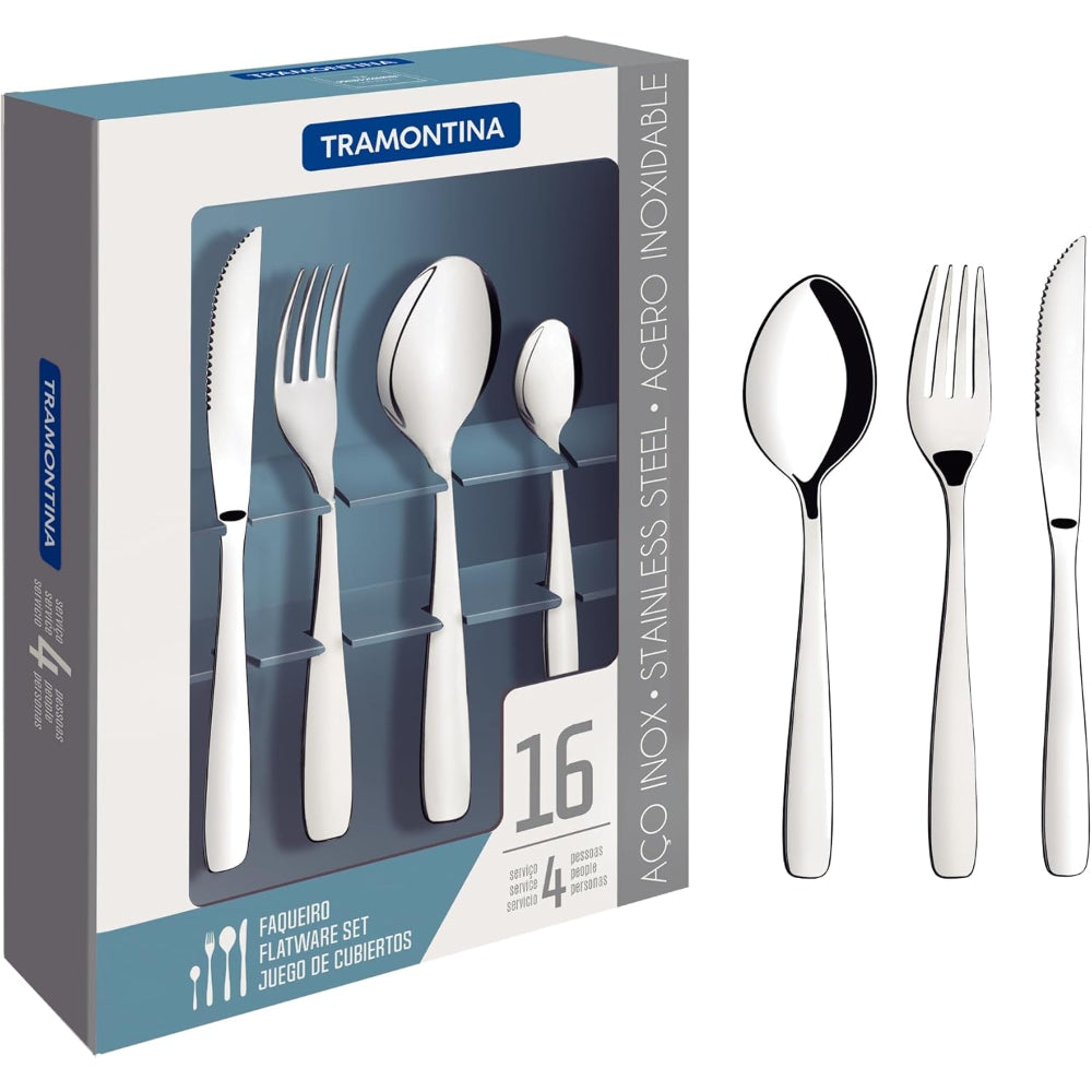 Tramontina Brazil Amazona 16 Pieces Stainless Steel Flatware Set with Steak Knife and High Gloss Finish