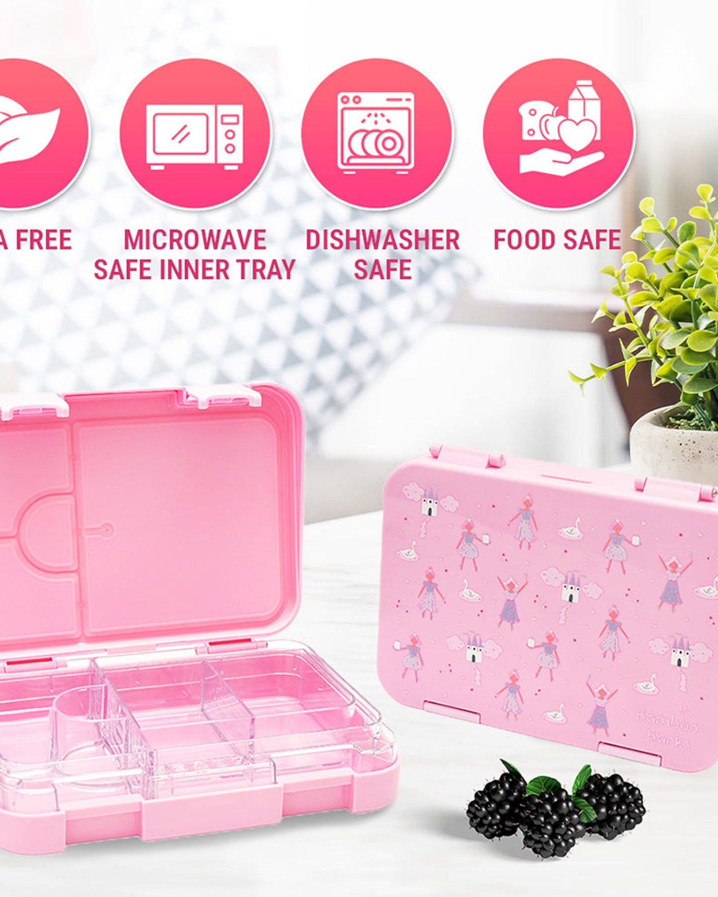 Bamboo Bark Lunch Box Pink Ballerina Castle Print
