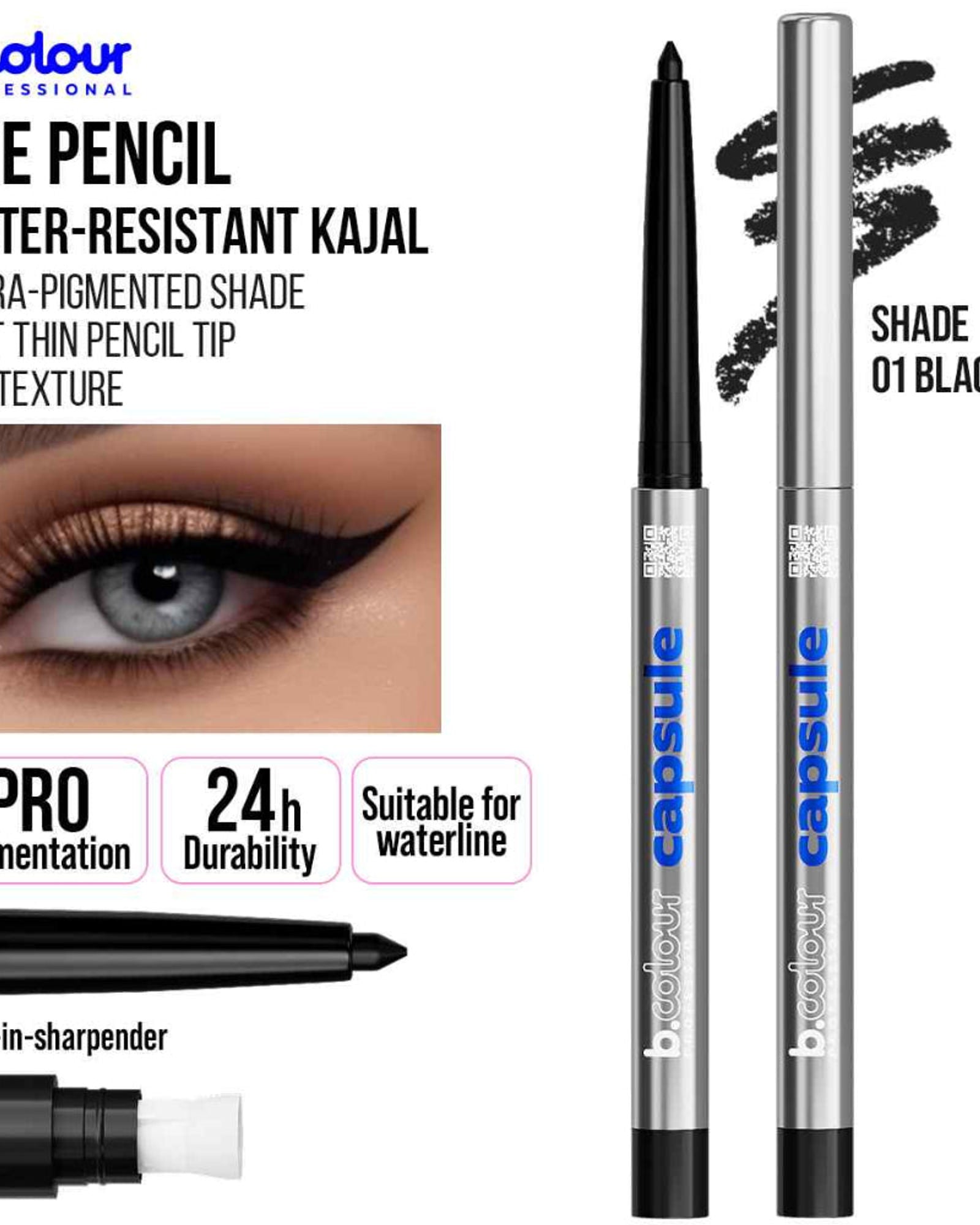 B.COLOUR PROFESSIONAL 01 Black Waterproof Kajal Eyeliner Pencil