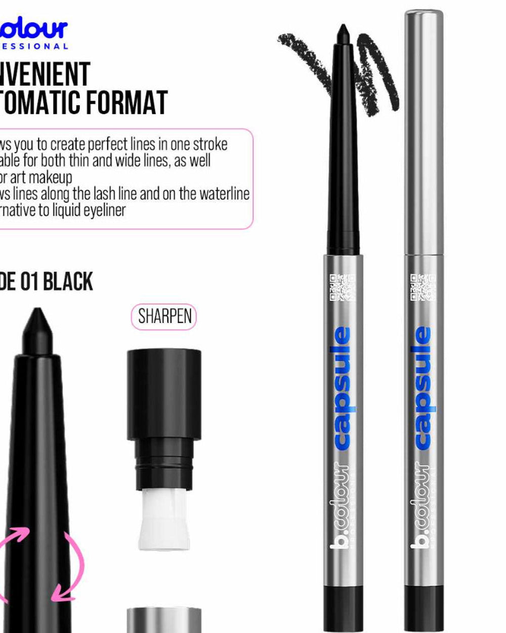 B.COLOUR PROFESSIONAL 01 Black Waterproof Kajal Eyeliner Pencil