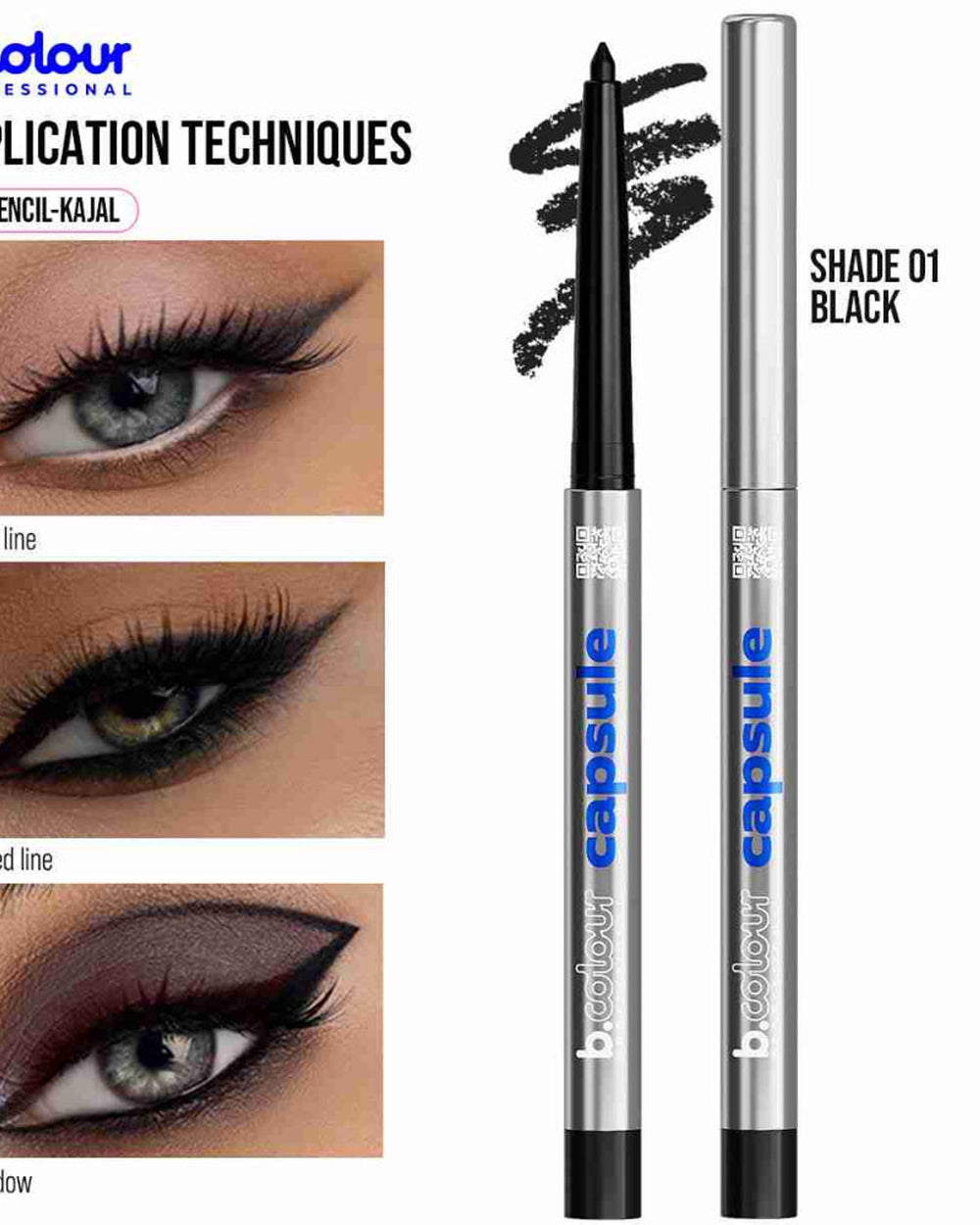 B.COLOUR PROFESSIONAL 01 Black Waterproof Kajal Eyeliner Pencil