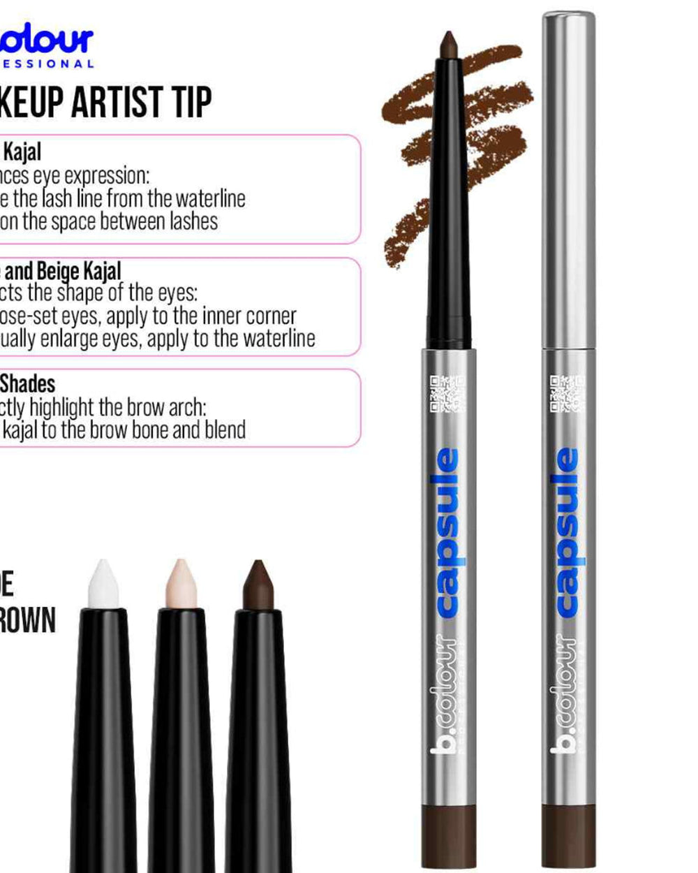B.COLOUR PROFESSIONAL 02 Brown Waterproof Kajal Eyeliner Pencil