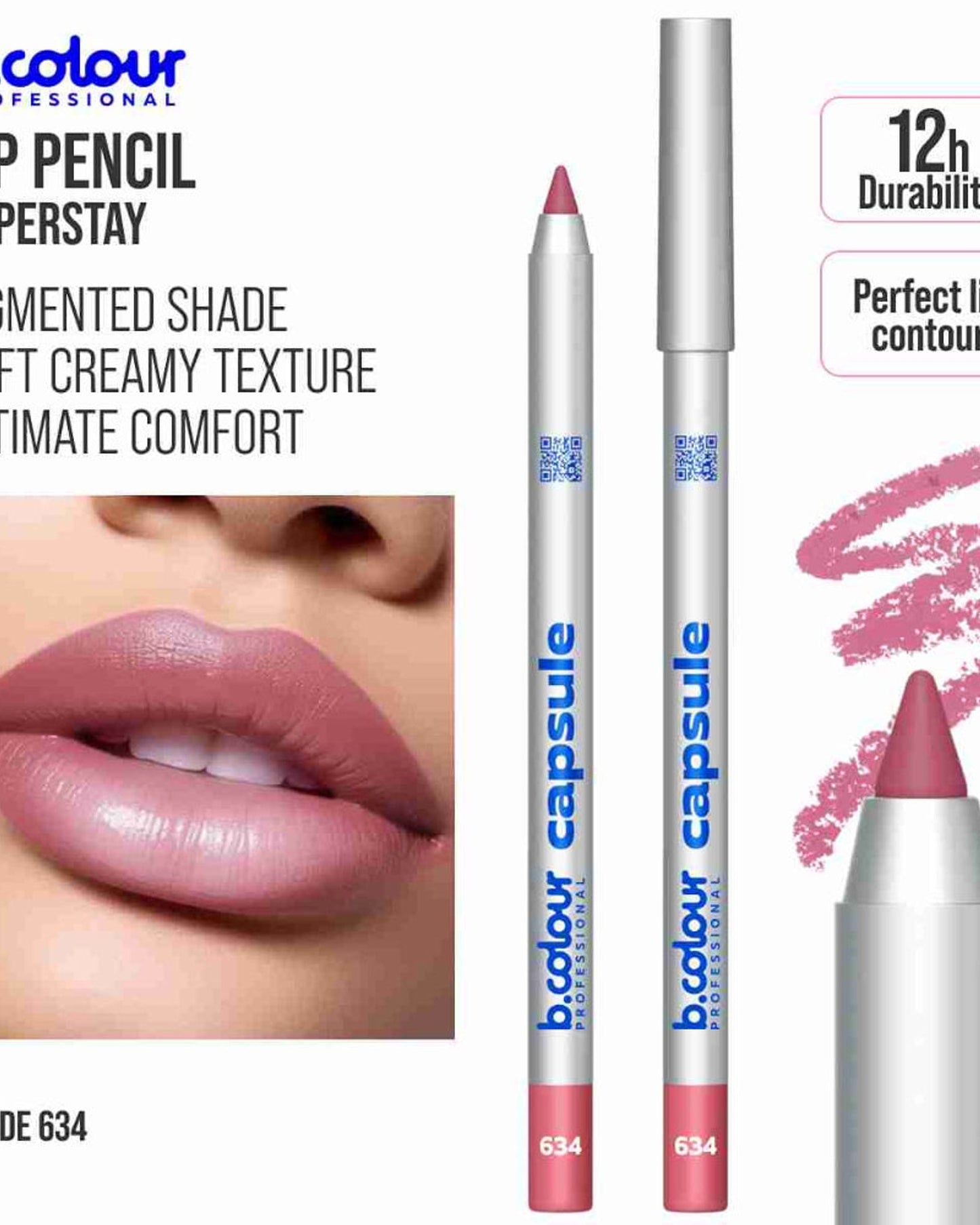 B.COLOUR PROFESSIONAL CAPSULE Lip Liner 634 - Long-Lasting Matte Lip Pencil in Rose Nude