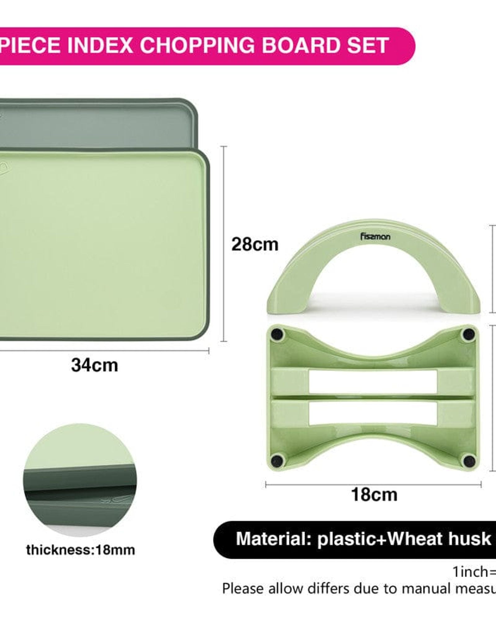 Fissman 2 Piece Index Chopping Boards 34X28 Cm With Holder Green Plastic+ Tpr