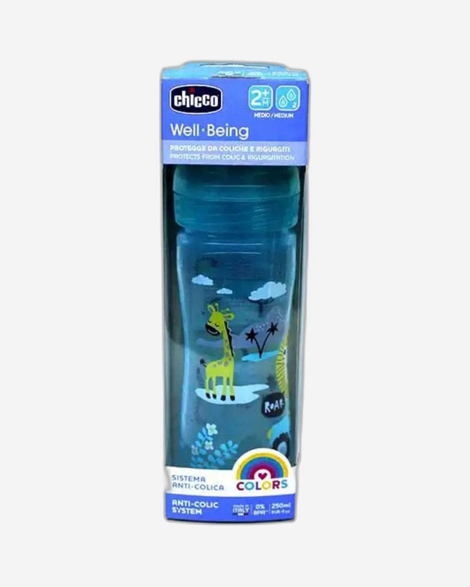 Chicco Well-Being Plastic Bottle 250ml Medium Flow 2M + Silicone Blue