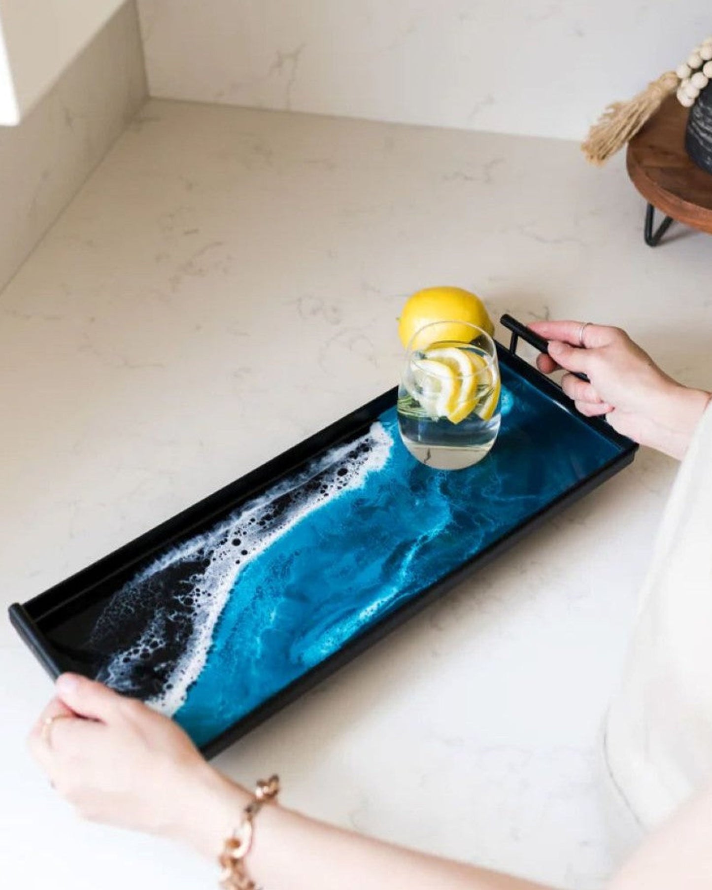 Lynn & Liana Resin Accented Black Metal Rectangular Tray