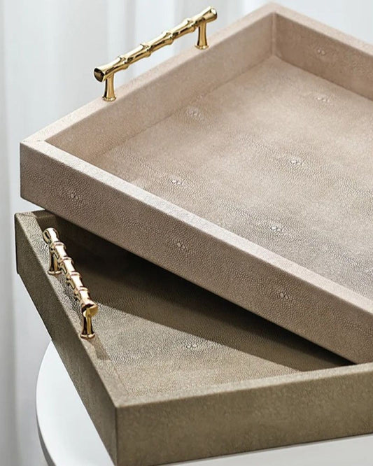 Winko Beige Tone Shagreen Tray W/Bamboo Handle 40.5X30.3Cm - T-096-1094T-X40