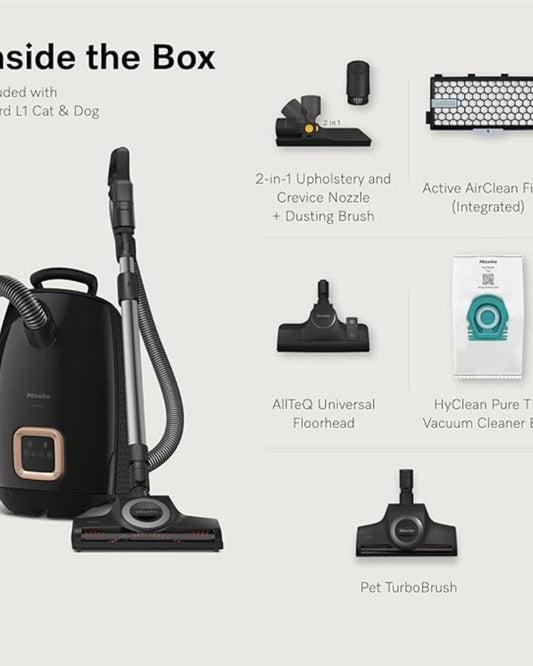 Miele Guard L1 Cat & Dog Bagged Cylinder Vacuum with Odour-Reducing Active AirClean Filter, TurboTeQ and AllTeQ Floorheads, LED Display, in Obsidian Black